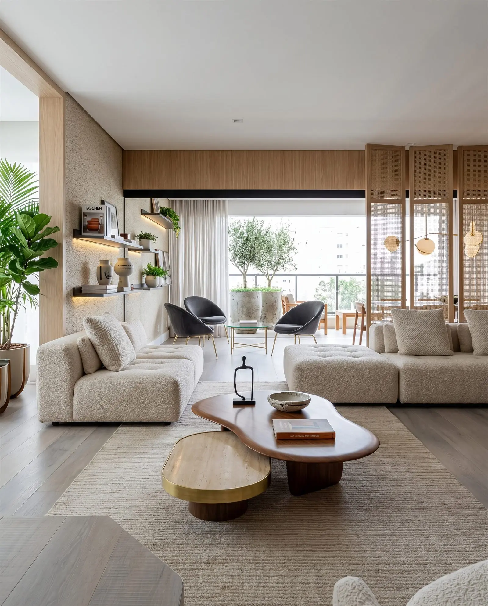 Living amplo e claro com sofás em bouclé e mesa curva de madeira