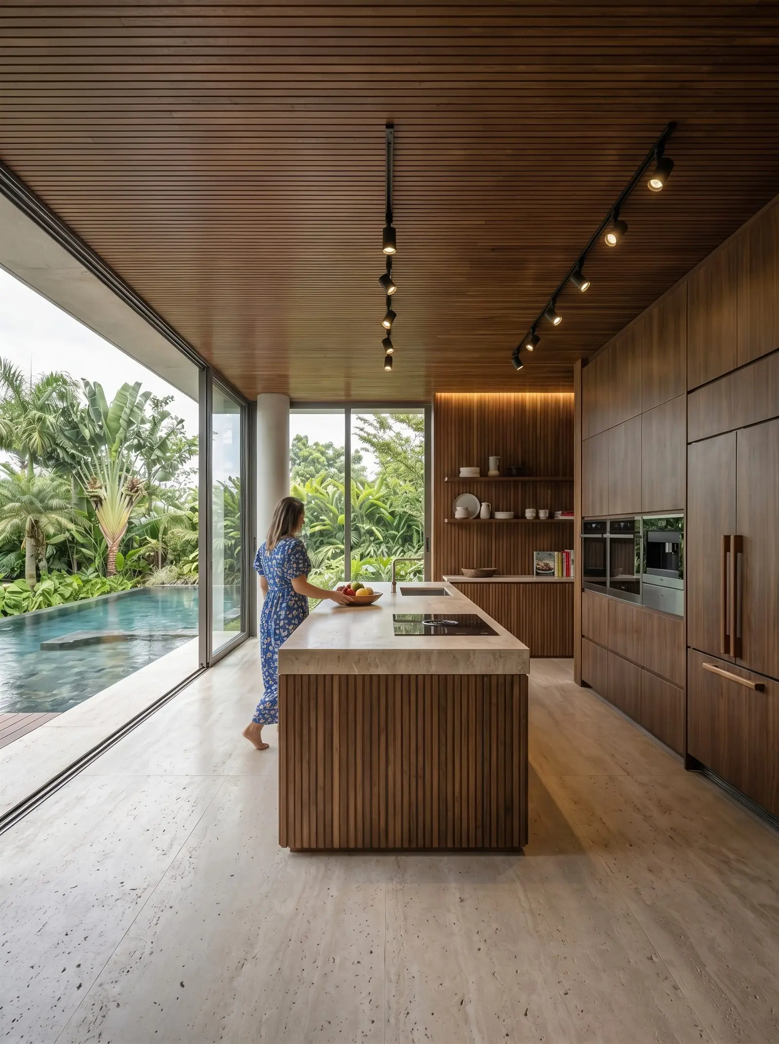 Cozinha integrada com vista para piscina
