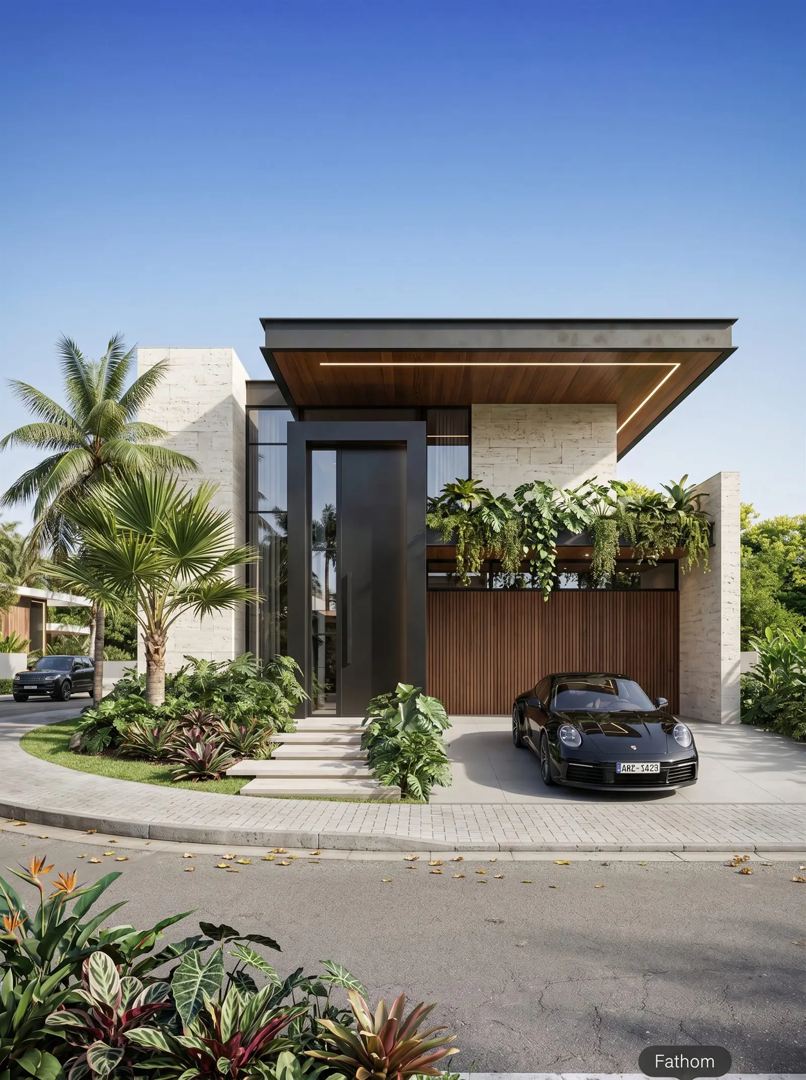 Fachada de esquina com pergolado e vegetação