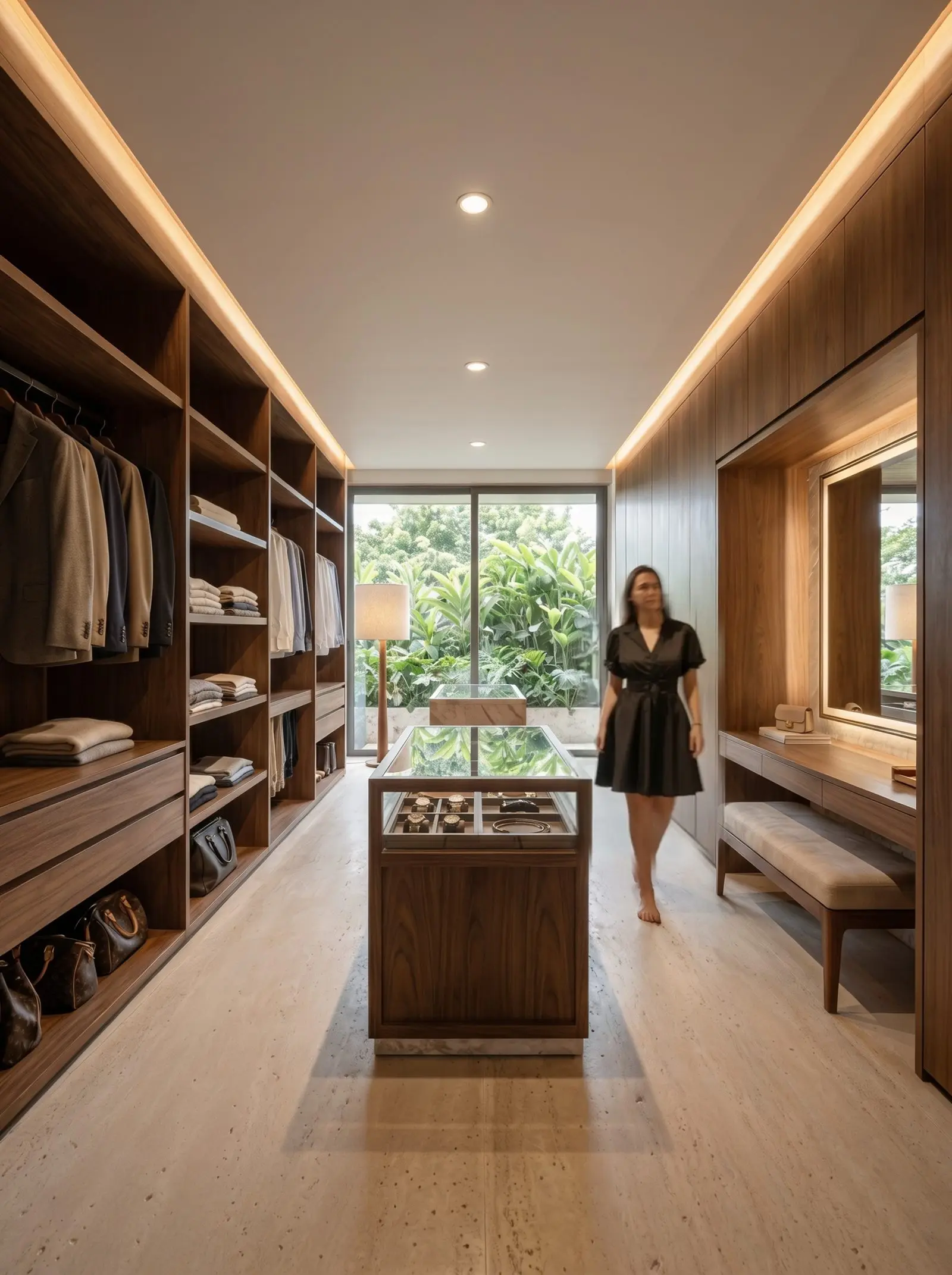 Closet de alto padrão com marcenaria em madeira e vitrine