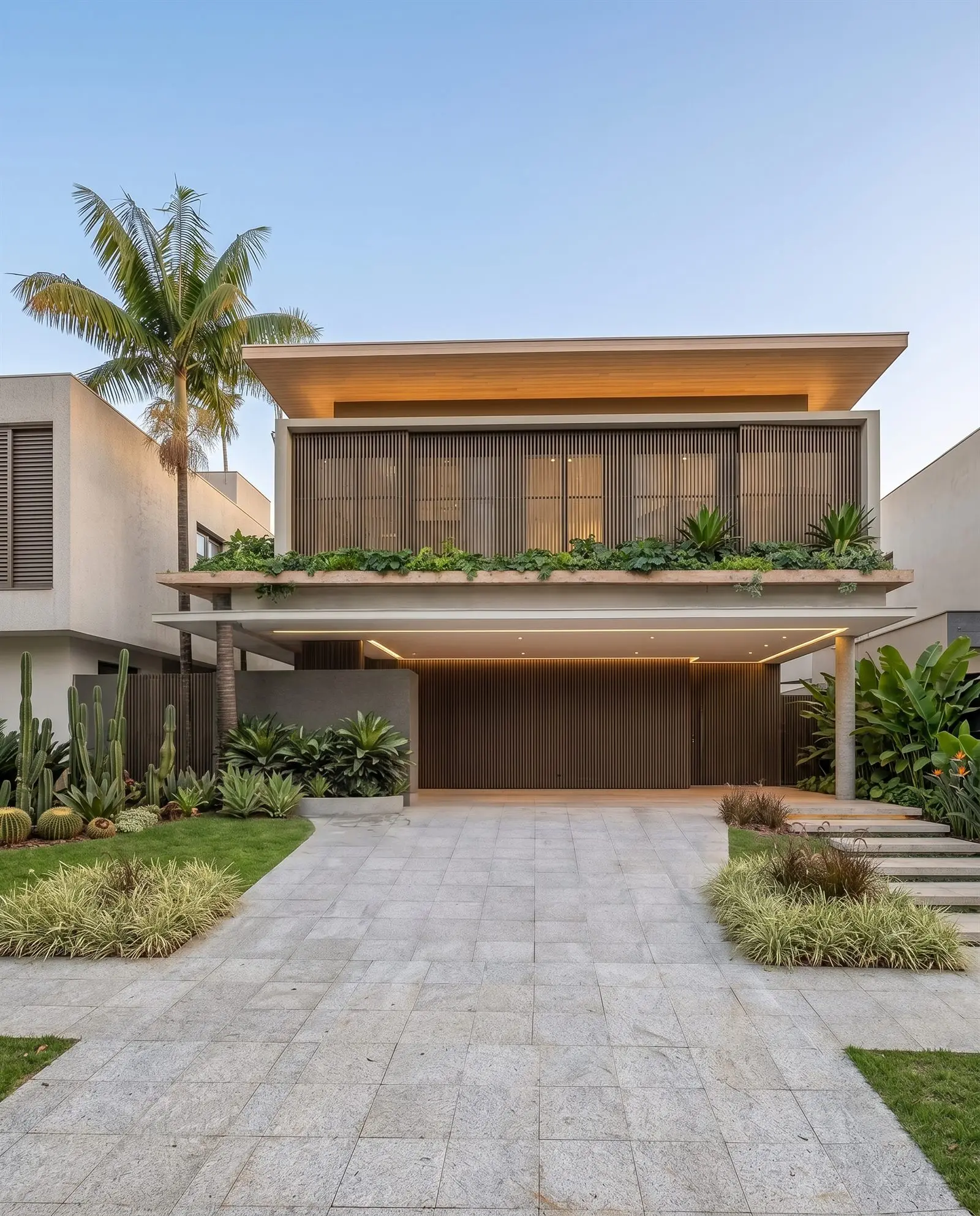 Fachada residencial com paisagismo tropical