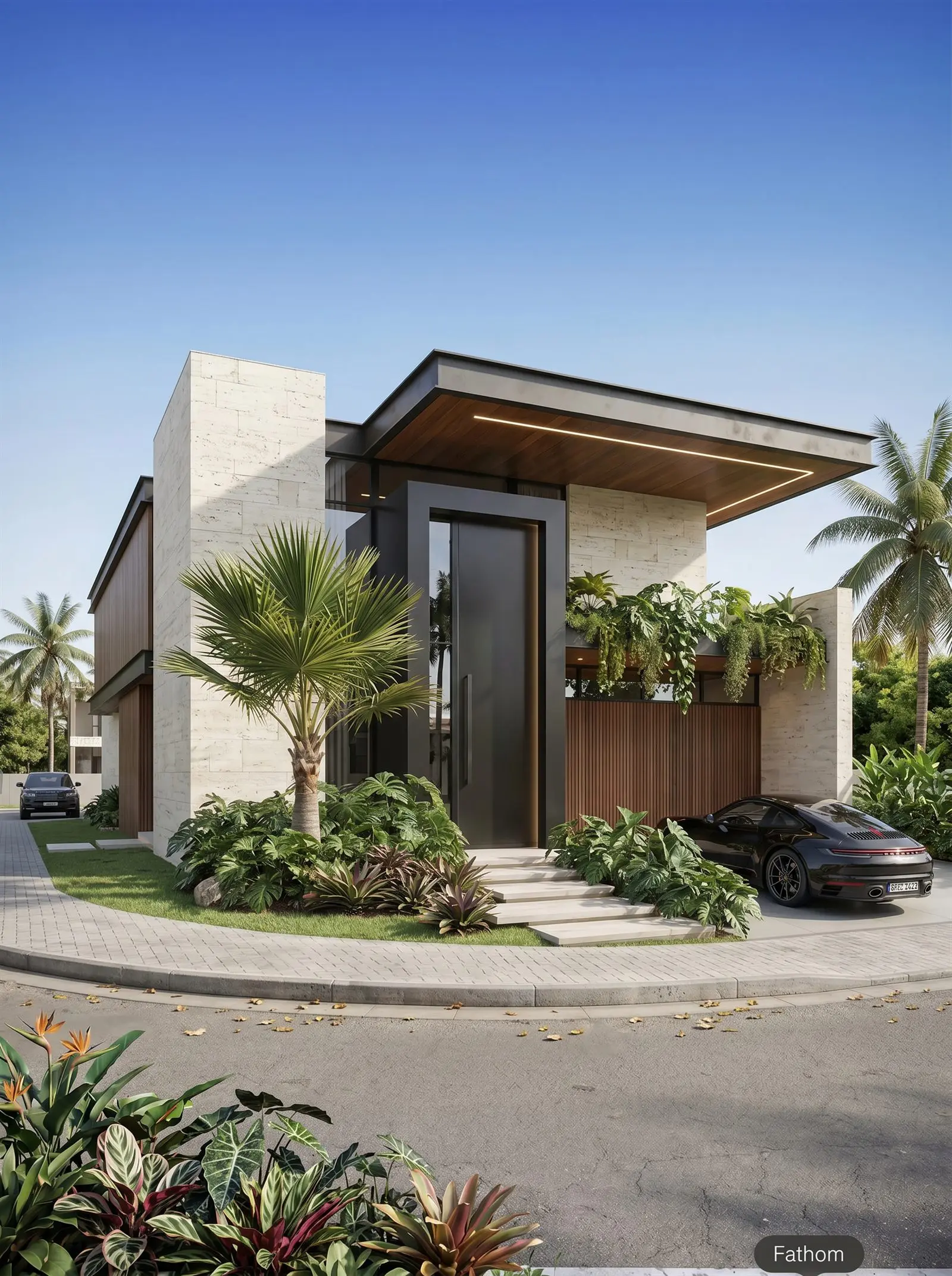 Fachada contemporânea com vegetação e carro na entrada