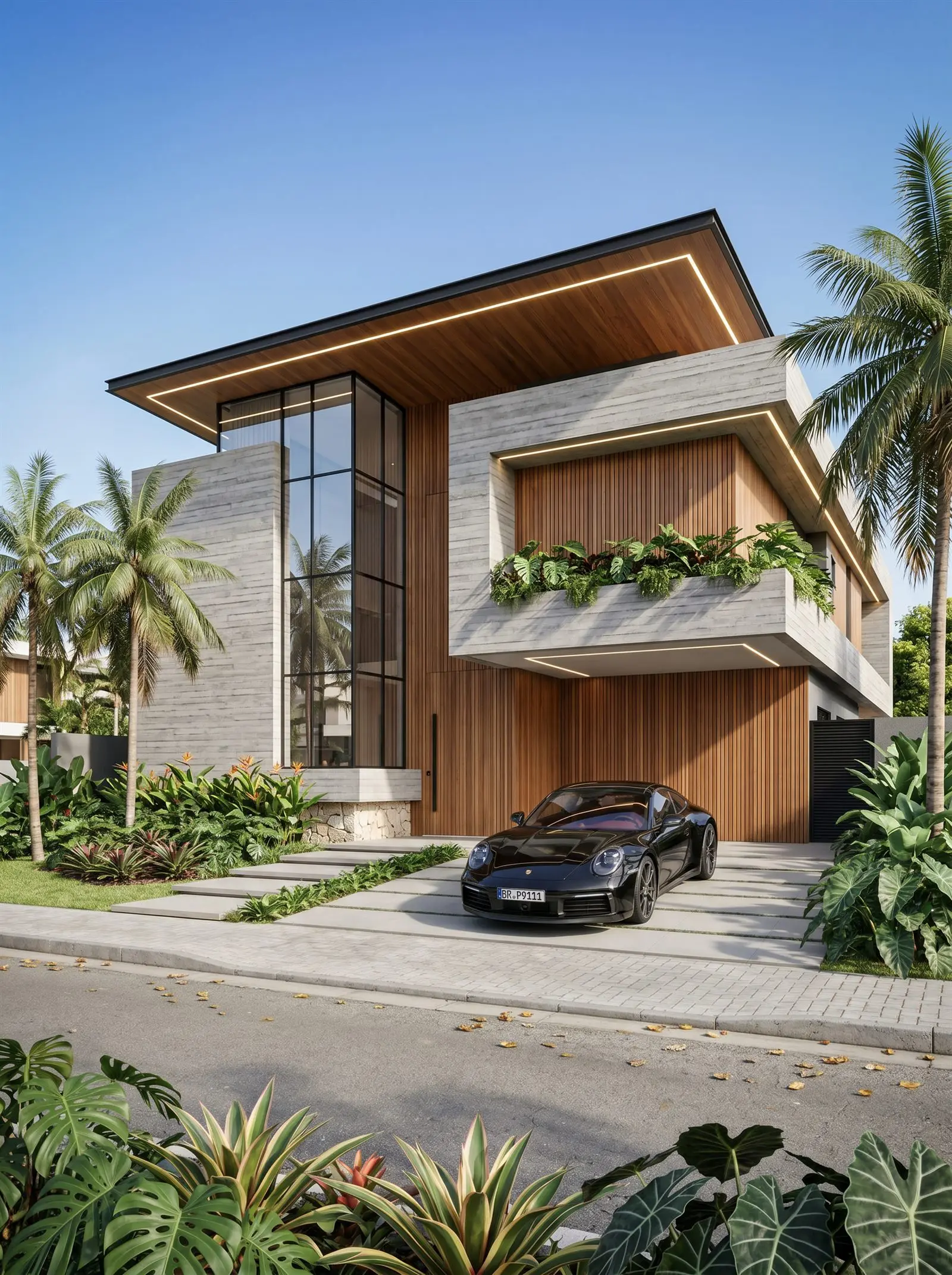 Fachada moderna com carro na garagem