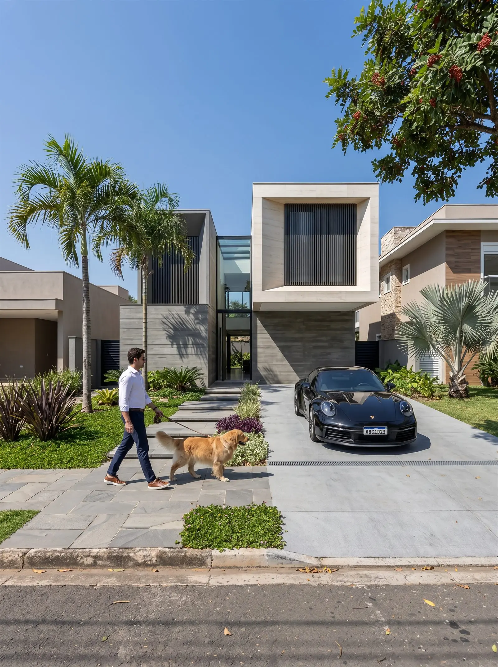 Fachada com morador e cachorro, lifestyle de alto padrão
